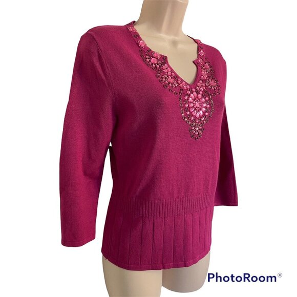 Simon  Change Small Embellished V Neck Sweater 3/4Sleeve Pink - Picture 4 of 8